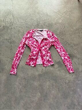 Pink Floral Long Sleeve Button Cardigan Top